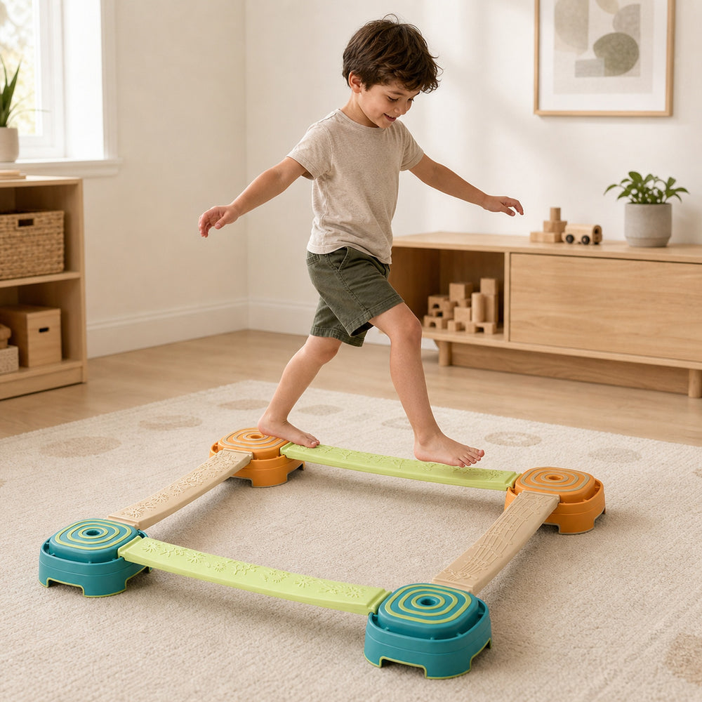 Block Balance Beam — 4 Square Stumps & 4 Planks Balance Training Set